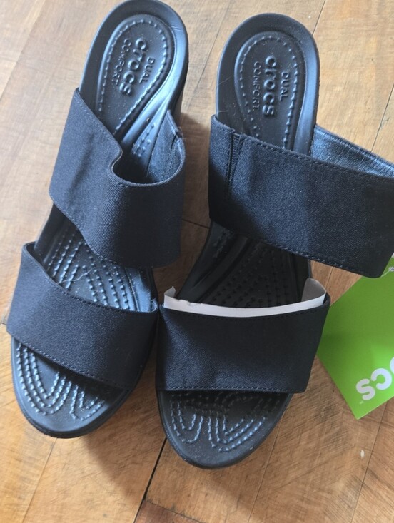 CROCS Shoes - CROCS Leigh II Wedge Black Dual-Strap Slide Sandals NEVER WORN.